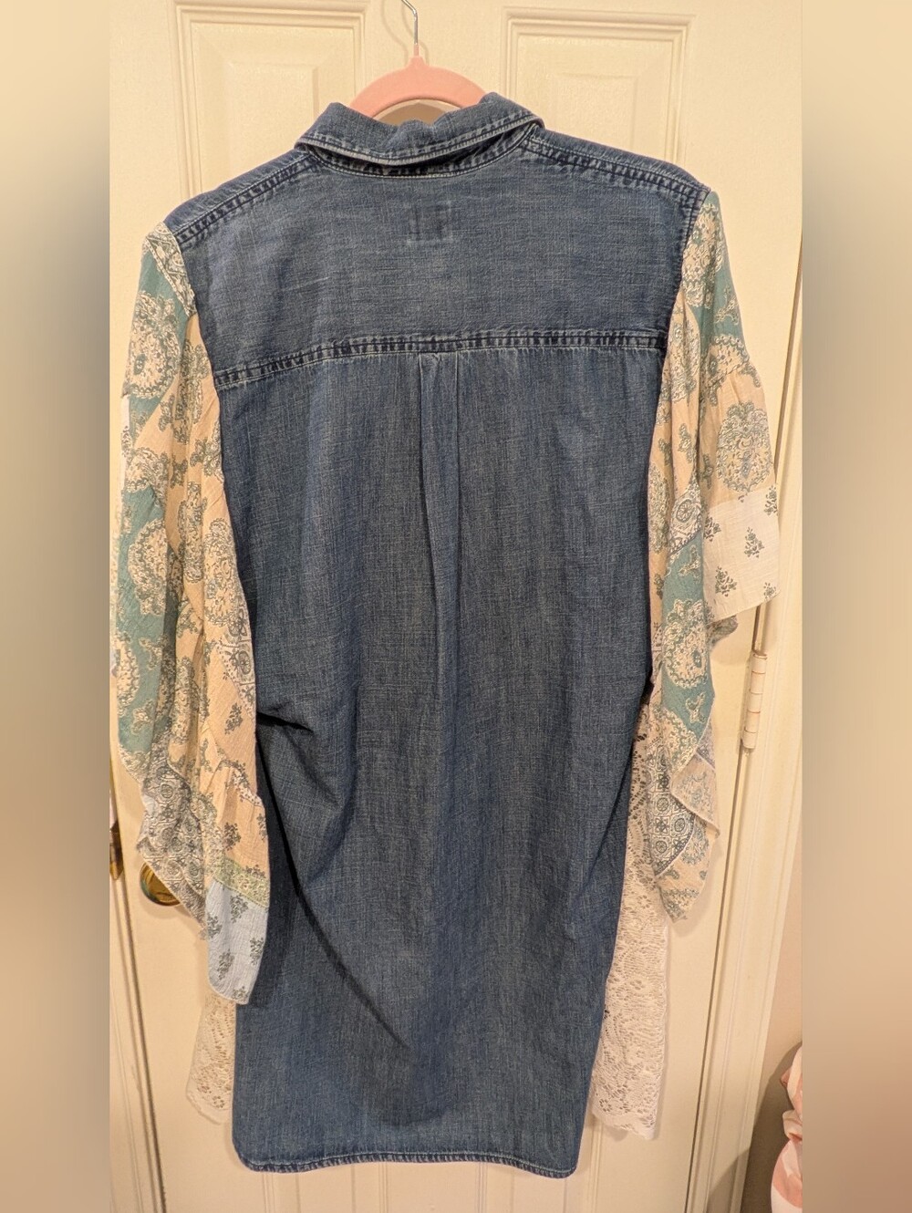 Upcycled Gap Denim Tunic Dress with Boho Printed Sleeves - Blue & Cream - Picture 3 of 4